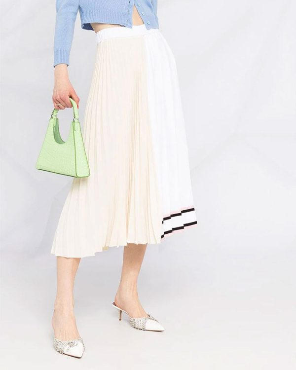 White and Cream Color Block Pleated A Line Skirt For Discount