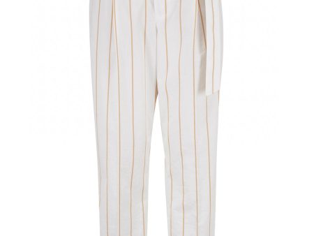 White and Tan Striped Cotton Belted Pant on Sale