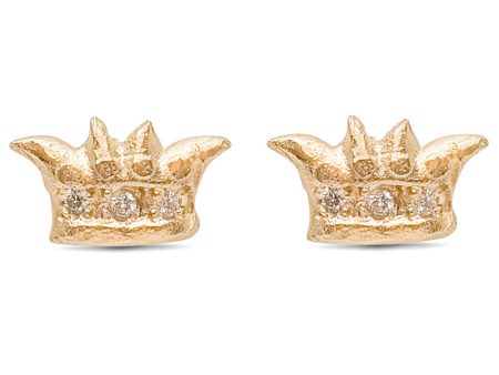 Yellow Gold Diamond Crown Stud Earrings For Sale