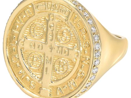 Yellow Gold Pave Diamond St. Benedict Signet Ring For Sale