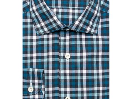 Aqua Navy and White Plaid Shirt For Cheap