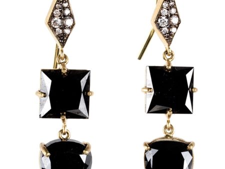 Yellow Gold Black Diamond Geometric Drop Earrings For Sale