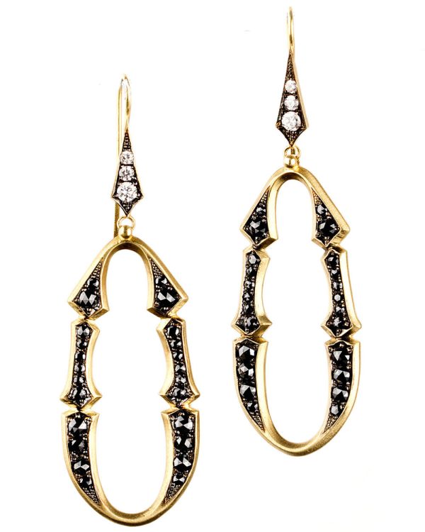 Yellow Gold Black Diamond Oval Drop Earrings For Cheap