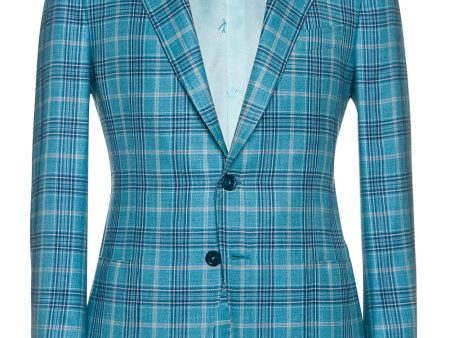 Aqua with Navy and Off White Plaid Sportcoat For Sale