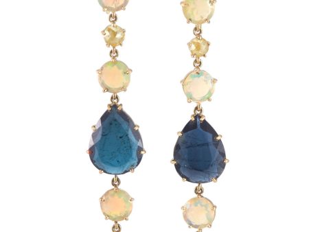 Yellow Gold Opal and Tourmaline Long Drop Earrings Sale