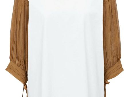 White and Caramel Pleated Sleeve Top For Sale