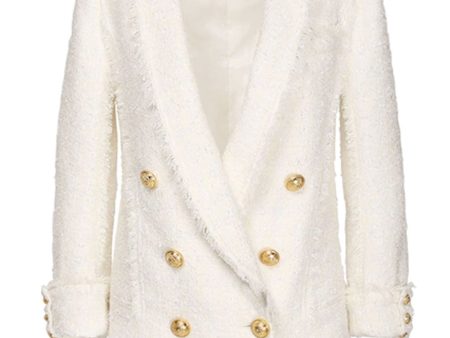 White Tweed Frayed Long Jacket Online