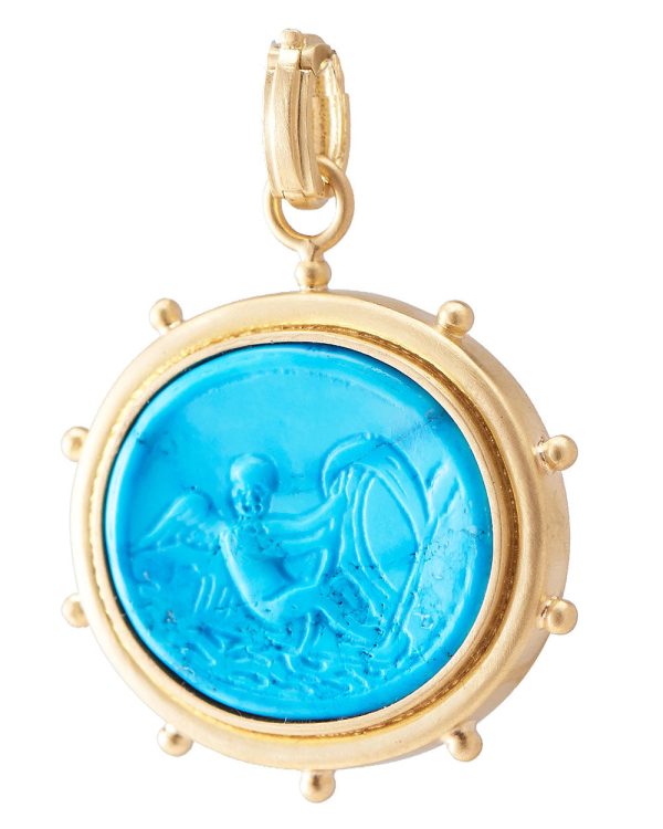 Yellow Gold Carved Turquoise and Diamond Pendant Online