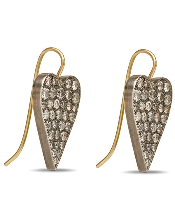 Yellow Gold Grey Diamond Ten Table Heart Earrings on Sale