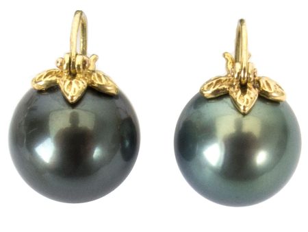 Yellow Gold Tahitian Pearl Triple Leaf Earrings For Cheap