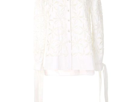 White Floral Cut Out Tie Sleeve Blouse Fashion