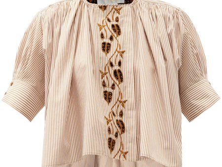 Beige White Striped Embroidered Eyelet Blouse For Sale