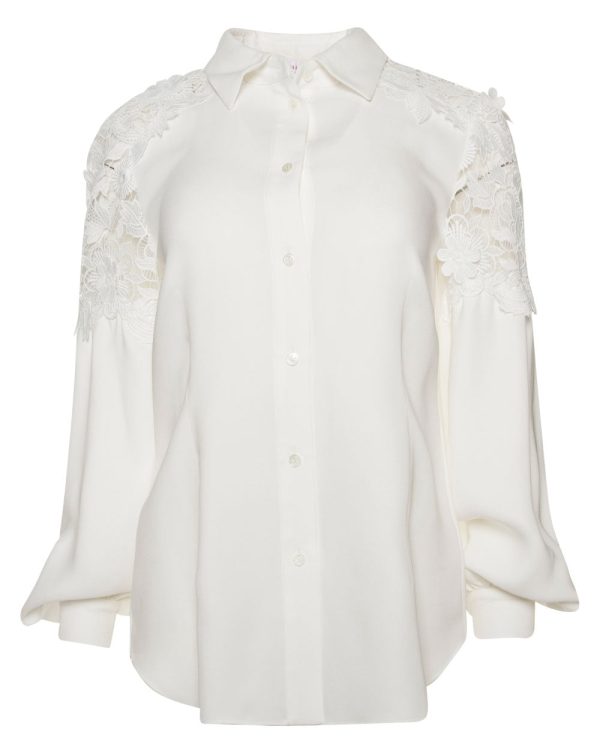 White Lace Insert Silk Shirt For Discount