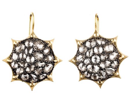 Yellow Gold Grey Diamond Sunburst Earrings For Sale