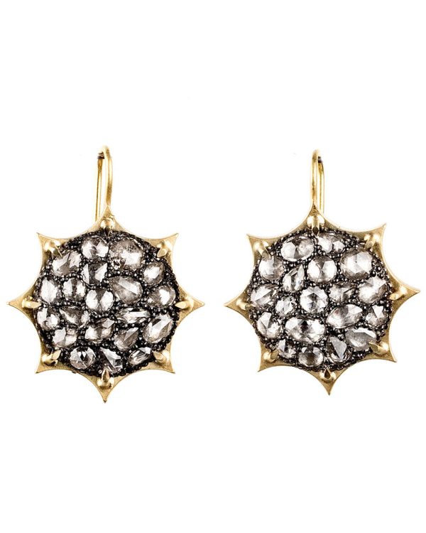 Yellow Gold Grey Diamond Sunburst Earrings For Sale