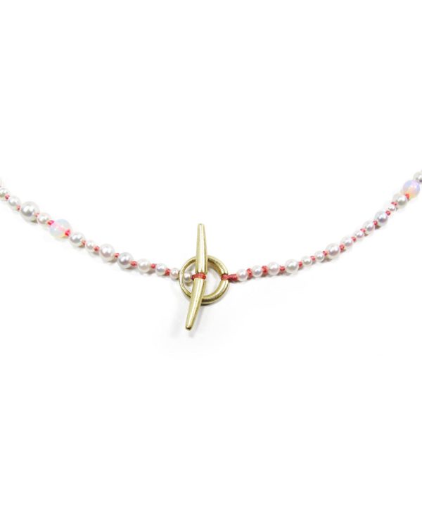 14k Pearl and Opal Necklace on Coral Silk Thread Hot on Sale