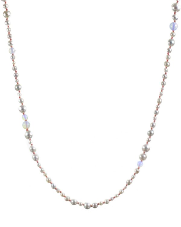 14k Pearl and Opal Necklace on Coral Silk Thread Hot on Sale